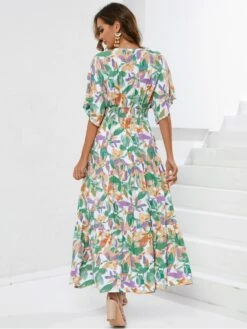 Vacation Floral Drawstring Short Sleeve Maxi Dress -BreezeWear Store P 20230503145832616 848