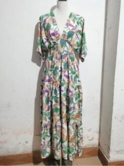 Vacation Floral Drawstring Short Sleeve Maxi Dress -BreezeWear Store P 20230503145835225 704