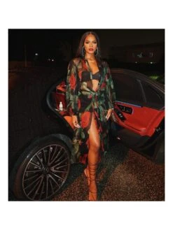 Flower Printed Chiffon Lantern Sleeve Dresses For Women