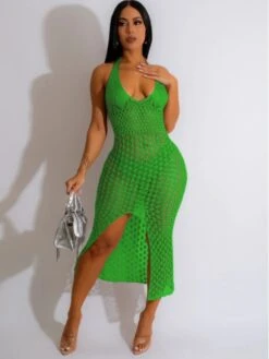 Sexy Halter Backless Split Hem Sleeveless Dress