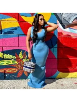 BreezeWear Store 10 Square Neck Blue Zip Sleeveless Slit Maxi Dress