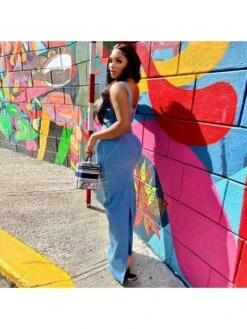 Square Neck Blue Zip Sleeveless Slit Maxi Dress -BreezeWear Store P 20230506123529560 195