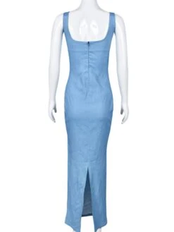 Square Neck Blue Zip Sleeveless Slit Maxi Dress -BreezeWear Store P 20230506123534347 485