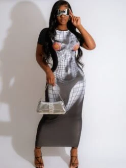 Sexy Nightclub Printing Short Sleeve Bodycon Maxi Dress
