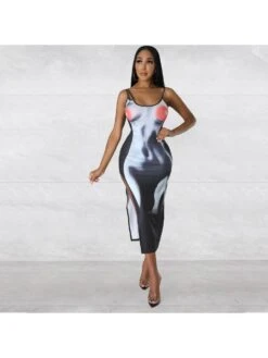 Women's U Neck Split Hem Printing Black Dress -BreezeWear Store P 20230506201326996 424