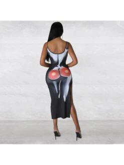 Women's U Neck Split Hem Printing Black Dress -BreezeWear Store P 20230506201332035 335