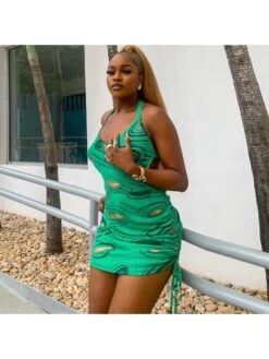 BreezeWear Store 3 Sexy Halter Lace Up Backless Printing Green Dress