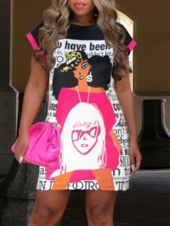 Casual Black Cartoon Pattern Printing Short Dress