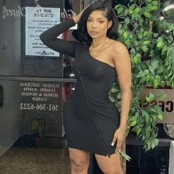 Designer Zipper Up One Shoulder Short Dress