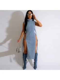 Designer Turtle Neck Blue Denim Sleeveless Dress