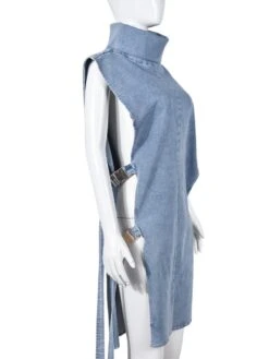 Designer Turtle Neck Blue Denim Sleeveless Dress -BreezeWear Store P 20230525100508084 161