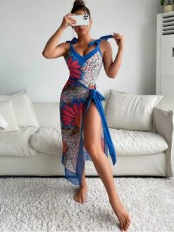 Blue Printed One Piece Swimsuit Sets For Women