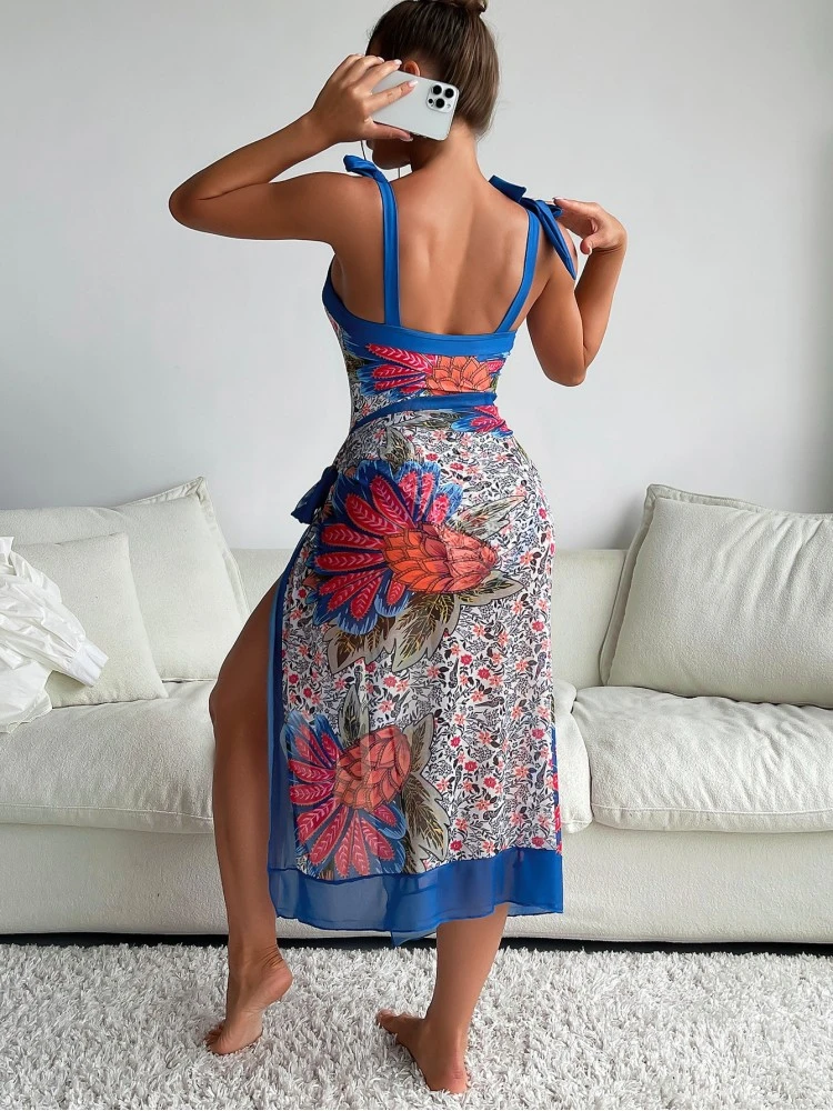 Blue Printed One Piece Swimsuit Sets For Women 4 Blue Printed One Piece Swimsuit Sets For Women - Image 2