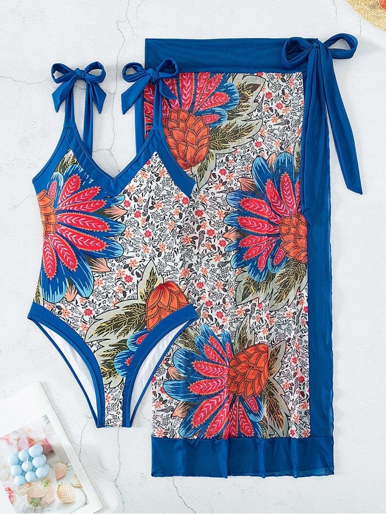 Blue Printed One Piece Swimsuit Sets For Women 5 Blue Printed One Piece Swimsuit Sets For Women - Image 3