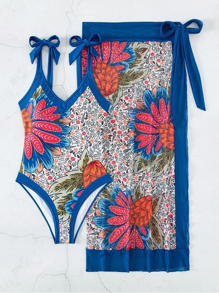 Blue Printed One Piece Swimsuit Sets For Women 6 Blue Printed One Piece Swimsuit Sets For Women - Image 4