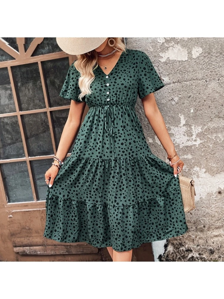 V-Neck Leopard Print Blackish Green Casual Dress 3 V-Neck Leopard Print Blackish Green Casual Dress