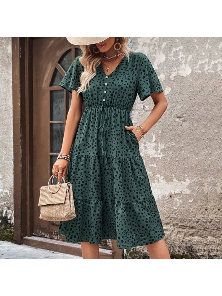 V-Neck Leopard Print Blackish Green Casual Dress 4 V-Neck Leopard Print Blackish Green Casual Dress - Image 2