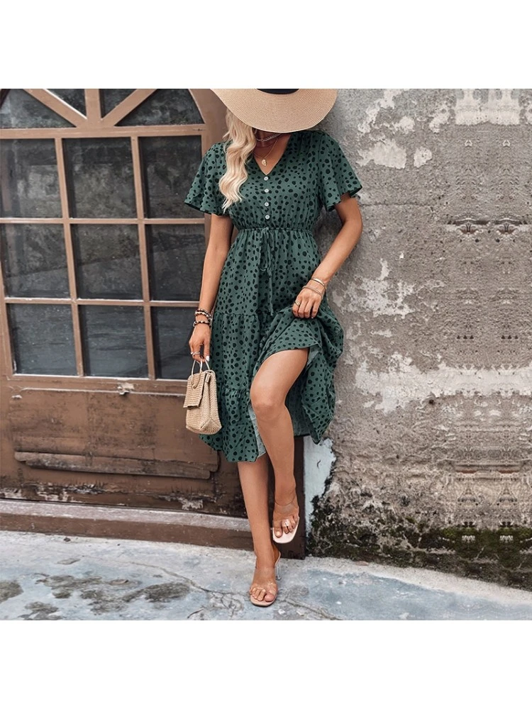 V-Neck Leopard Print Blackish Green Casual Dress 5 V-Neck Leopard Print Blackish Green Casual Dress - Image 3