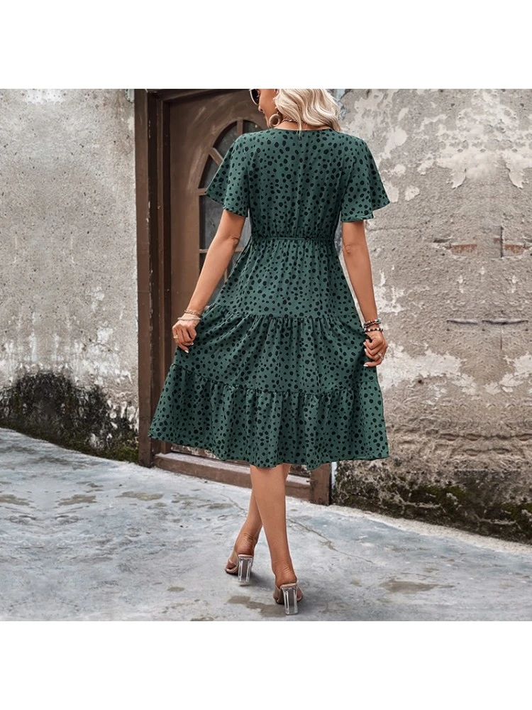 V-Neck Leopard Print Blackish Green Casual Dress 6 V-Neck Leopard Print Blackish Green Casual Dress - Image 4