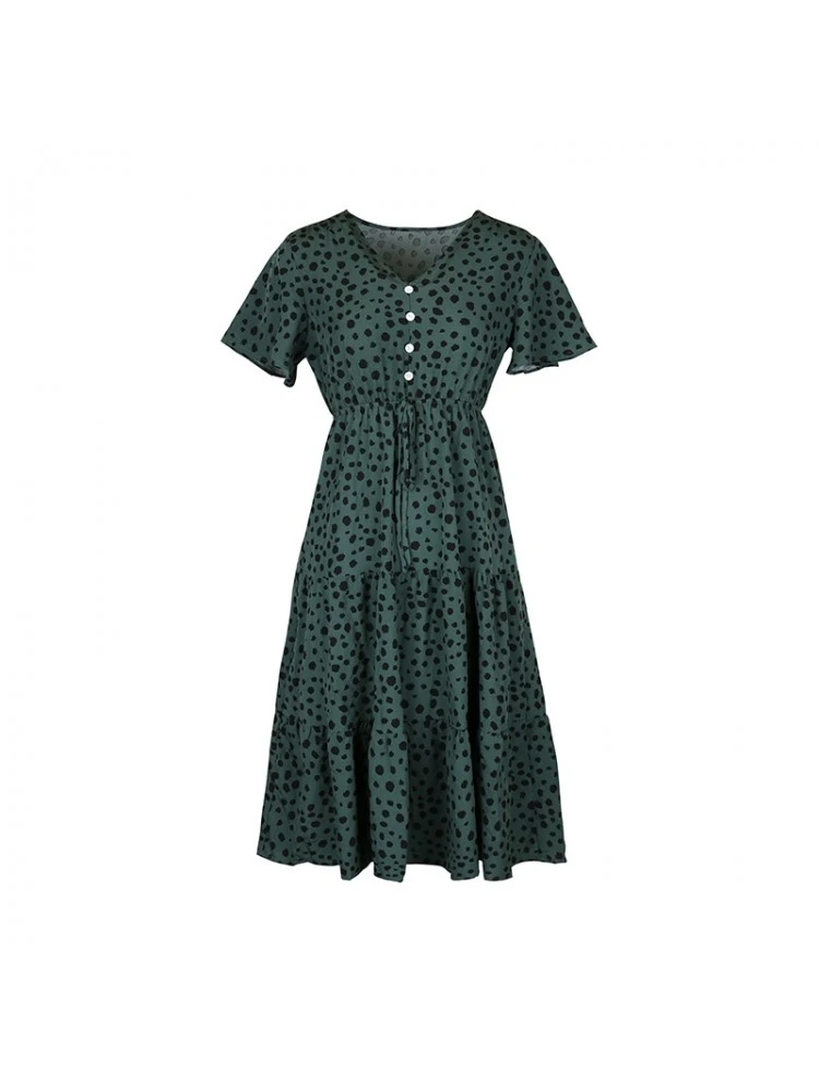 V-Neck Leopard Print Blackish Green Casual Dress 7 V-Neck Leopard Print Blackish Green Casual Dress - Image 5