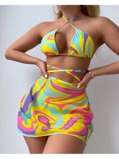 Tie Wrap Printed Sexy Women 3 Piece Bikini Sets