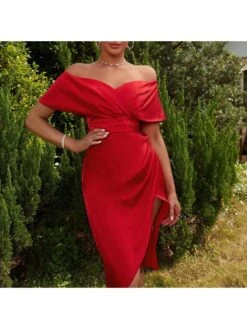 Red Off Shoulder Split Hem Short Slevee Dress -BreezeWear Store P 20230602185722169 440