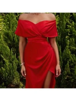 Red Off Shoulder Split Hem Short Slevee Dress -BreezeWear Store P 20230602185724640 568