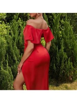 Red Off Shoulder Split Hem Short Slevee Dress -BreezeWear Store P 20230602185727041 846