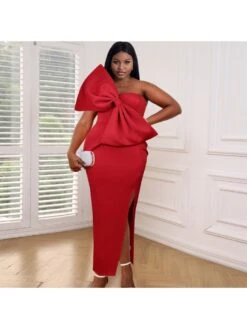 Red Bow Split Hem Sleeveless Dress