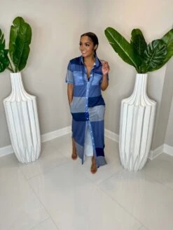 Casual Blue Contrast Color Button Shirt Dress