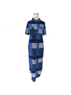 Casual Blue Contrast Color Button Shirt Dress -BreezeWear Store P 20230606205930670 419