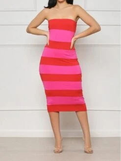 Casual Contrast Color Striped Strapless Slim Dress