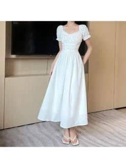 French White Puff Sleeve Midi Dress