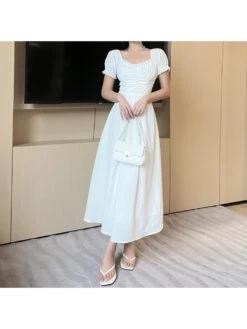 French White Puff Sleeve Midi Dress -BreezeWear Store P 20230717172225879 918