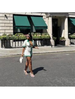 White Crochet Striped Short Sleeve Dress -BreezeWear Store P 20230720181227958 391