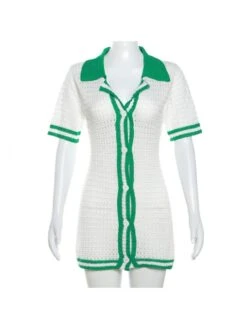White Crochet Striped Short Sleeve Dress -BreezeWear Store P 20230720181232899 507