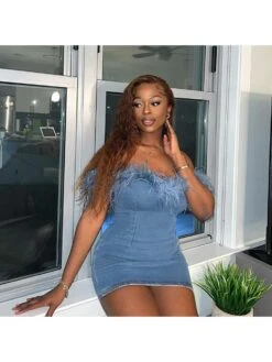 Women's Sexy Denim Feather Patchwork Blue Dress