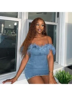 Women's Sexy Denim Feather Patchwork Blue Dress -BreezeWear Store P 20230721171929918 916
