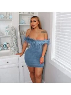 Women's Sexy Denim Feather Patchwork Blue Dress -BreezeWear Store P 20230721171932349 675