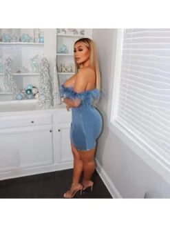 Women's Sexy Denim Feather Patchwork Blue Dress -BreezeWear Store P 20230721171934724 364