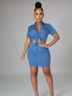 Sexy Slim Denim Cutout Short Sleeve Dress -BreezeWear Store P 20230724173635212 482