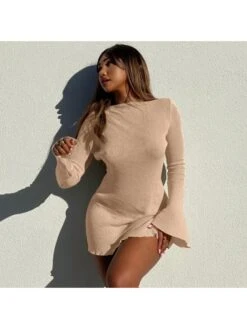 Khaki Gauze Long Sleeve Dress