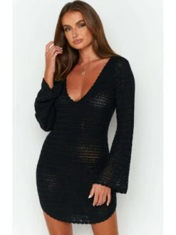 Fall Long Sleeve Knit Backless Perspective Dress -BreezeWear Store P 20230816182346480 509