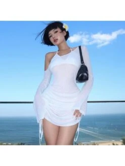 Off The Shoulder Long Sleeve Sexy Sheer Pleated Dress -BreezeWear Store P 20230824101718678 695