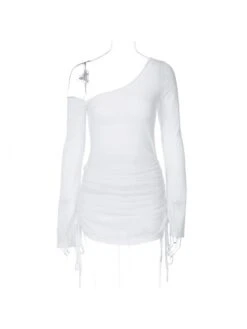 Off The Shoulder Long Sleeve Sexy Sheer Pleated Dress -BreezeWear Store P 20230824101723780 358