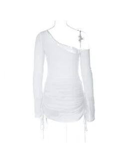 Off The Shoulder Long Sleeve Sexy Sheer Pleated Dress -BreezeWear Store P 20230824101728753 481