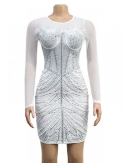 Solid Color Mesh Feather Hot Drill Long Sleeve Short Dress Dress -BreezeWear Store P 20230831112318517 195