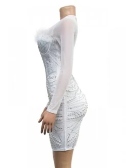 Solid Color Mesh Feather Hot Drill Long Sleeve Short Dress Dress -BreezeWear Store P 20230831112321019 390