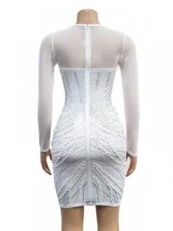 Solid Color Mesh Feather Hot Drill Long Sleeve Short Dress Dress -BreezeWear Store P 20230831112323491 747