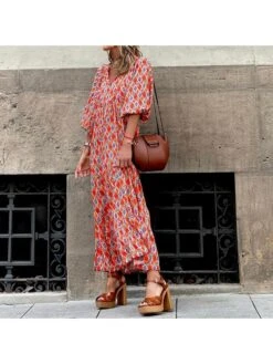 Short Sleeve Boho Printing Lantern Sleeve Dress Bohemian -BreezeWear Store P 20230905145115442 959